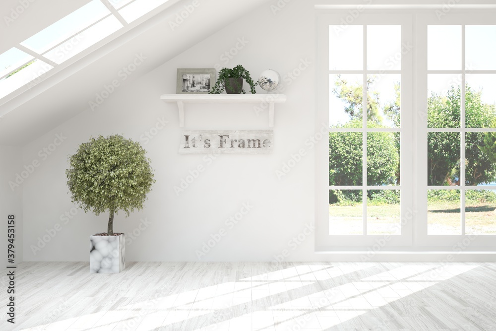 White empty room with summer landscape in window. Scandinavian interior design. 3D illustration