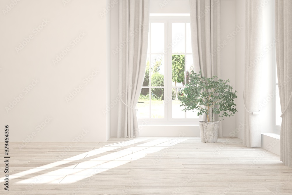 White empty room with summer landscape in window. Scandinavian interior design. 3D illustration