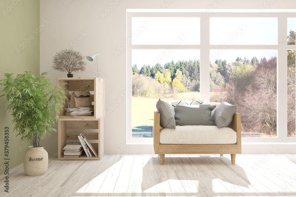 White room with armchair and autumn landscape in window. Scandinavian interior design. 3D illustrati