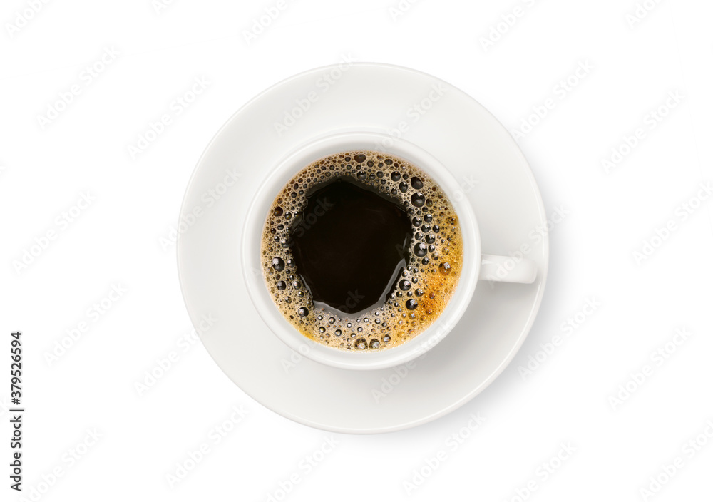 Top view of black coffee in white cup  isolated on white background. Cllipping path.