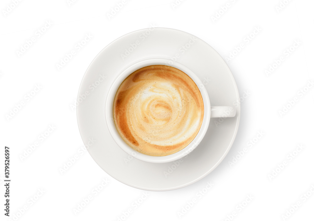 Top view of latte coffee in white cup  isolated on white background. Cllipping path.