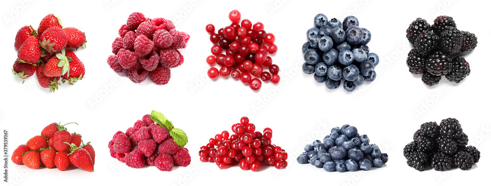 Collage of different tasty berries on white background