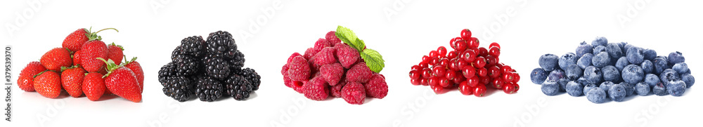 Set of different tasty berries on white background