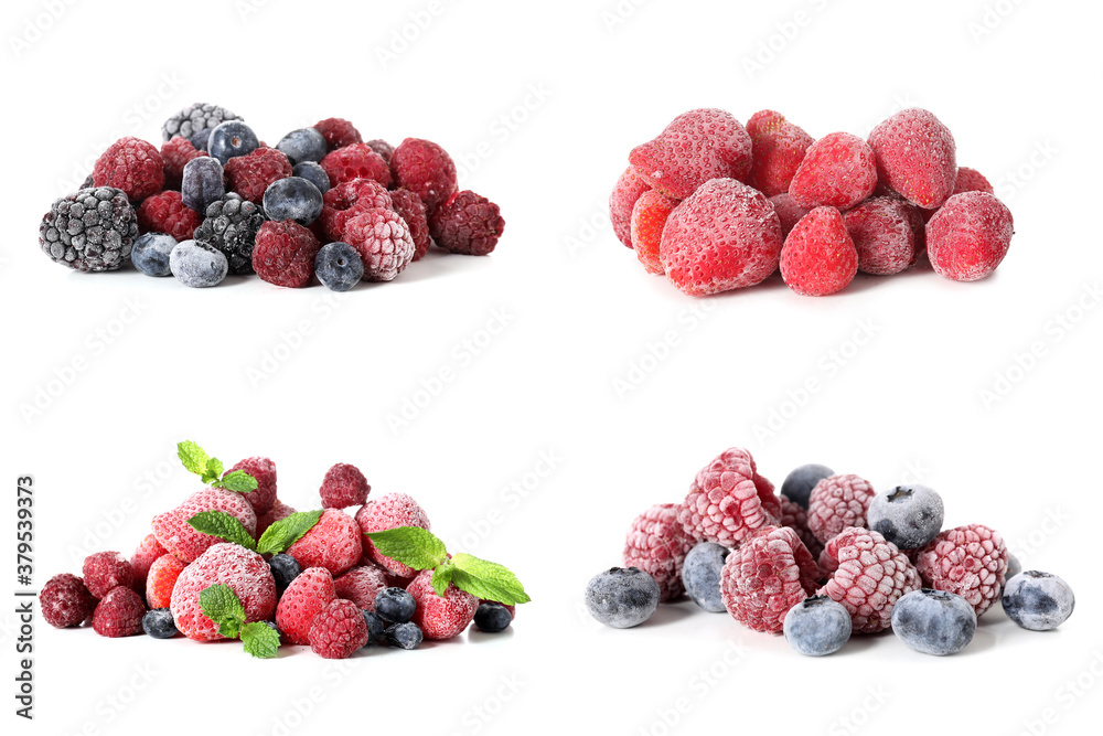 Set of different frozen berries on white background