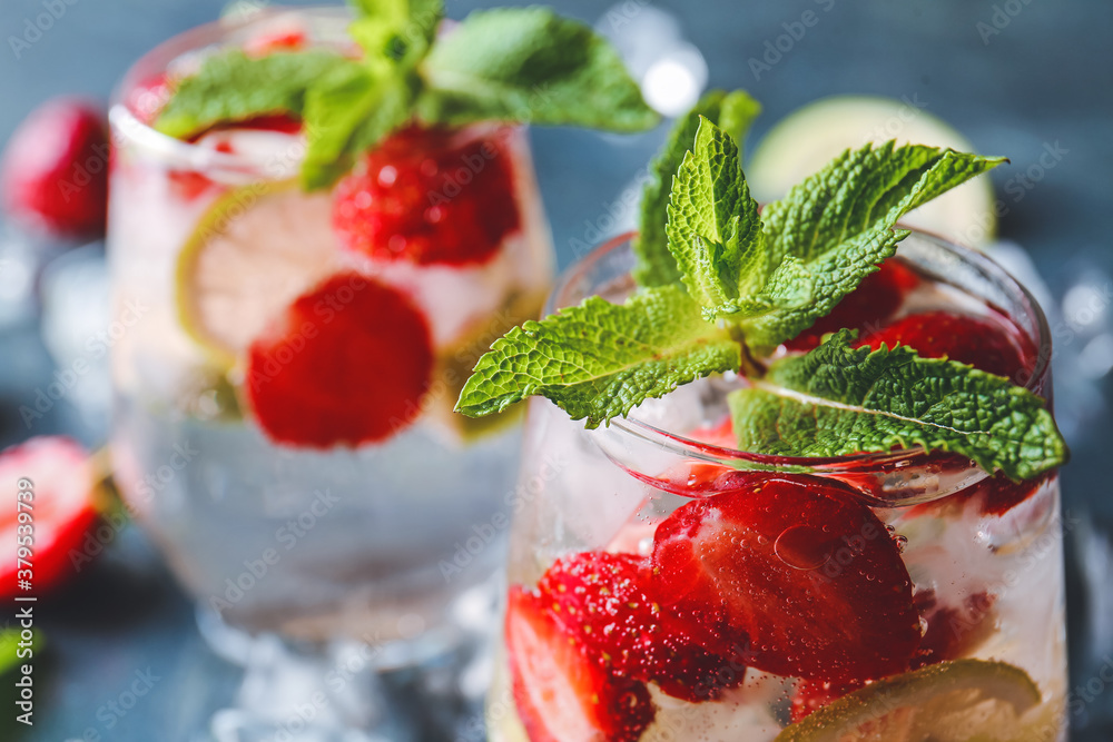 Glass of fresh strawberry mojito, closeup