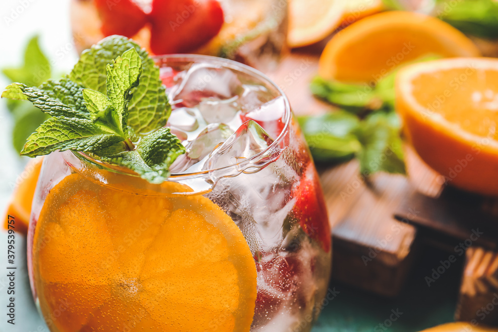 Glass of fresh strawberry mojito, closeup