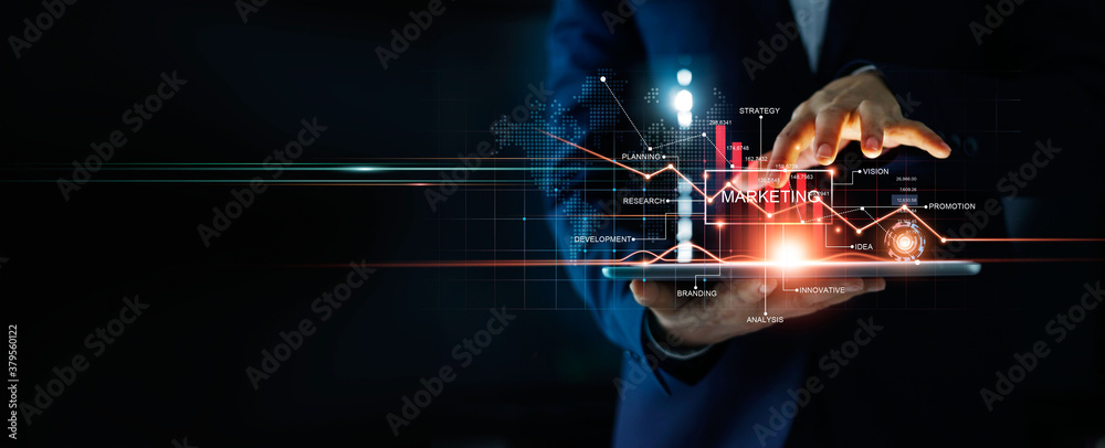 Digital online marketing, Businessman using tablet and analysis sale data graph growth on modern int