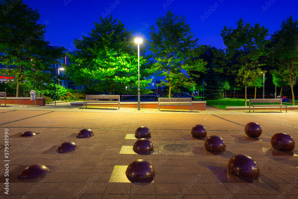 Scenery of city center in Pruszcz Gdanski at night, Poland.