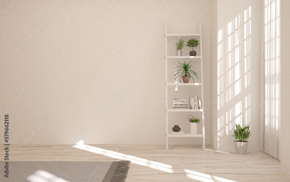 White empty room. Scandinavian interior design. 3D illustration