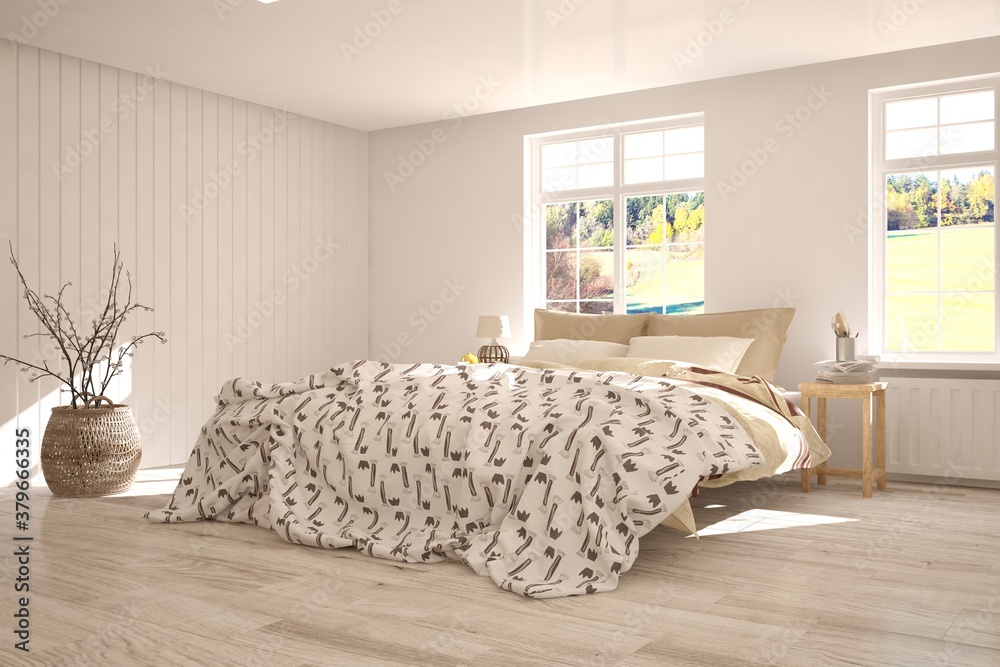 White bedroom interior. Scandinavian design. 3D illustration