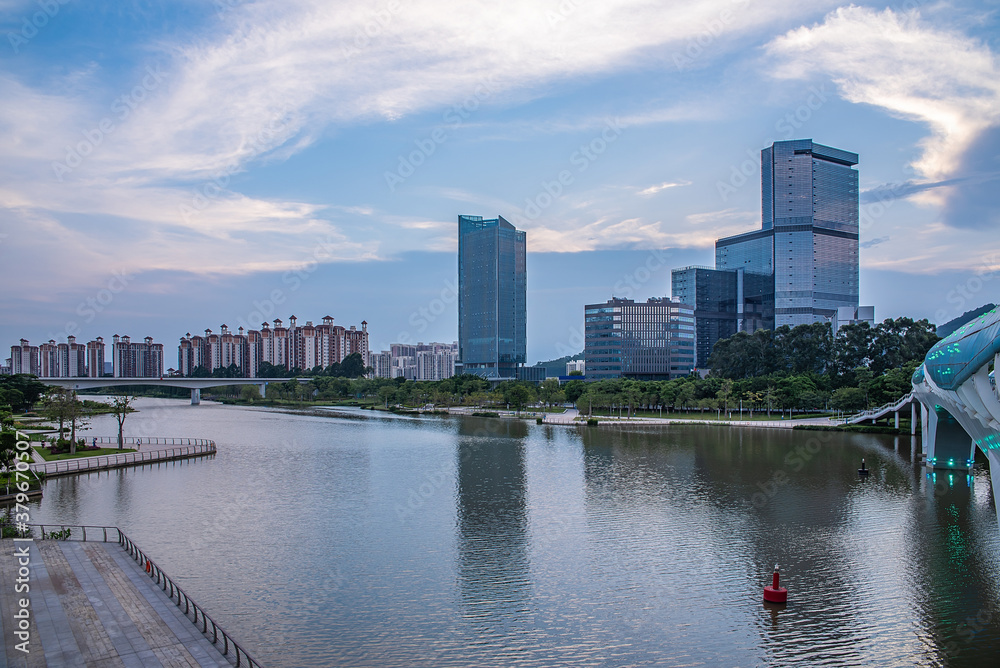 The skyline of buildings along the Jiaomen River in Nansha District, Guangzhou