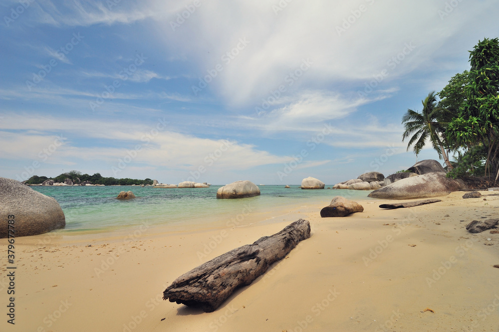 An old tree log lies on sandy beach in Lengkuas Island, Belitung, Indonesia.