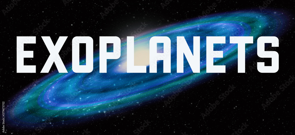 Exoplanets theme with cosmic spiral galaxy background