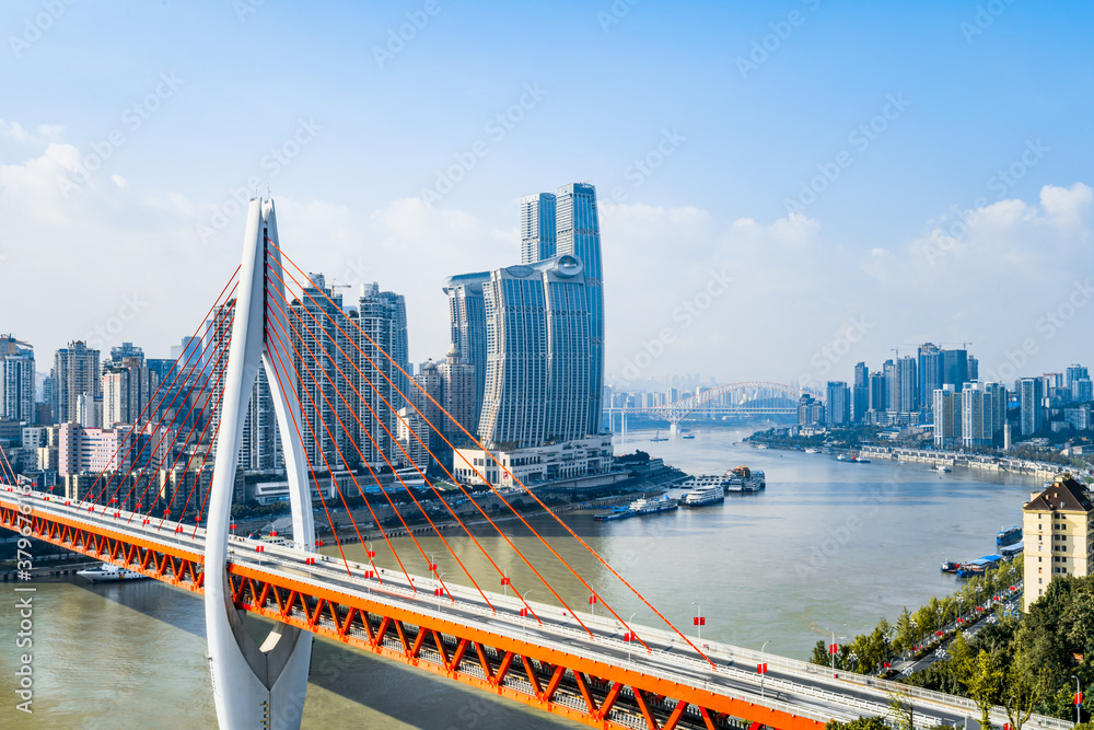 Chinas high-rise buildings and Dongshuimen Bridge in Chongqing, China