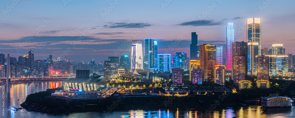 High angle close-up of Chongqing Grand Theater and tall buildings in China