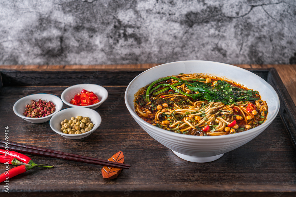 Chongqing snack Chongqing noodles on wooden table