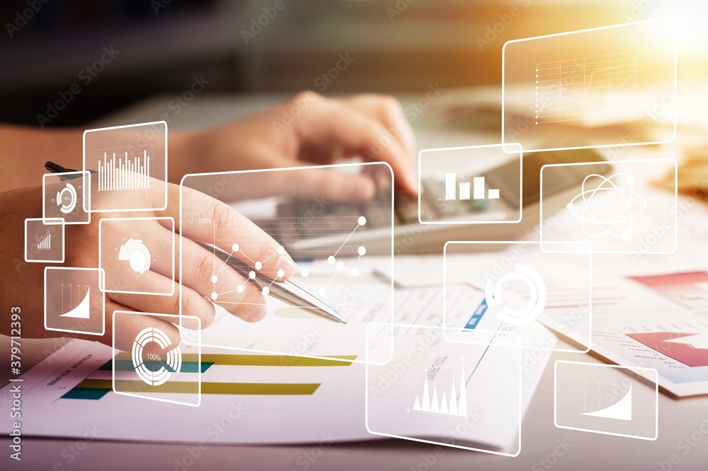 Big data analytics illustration and human hand