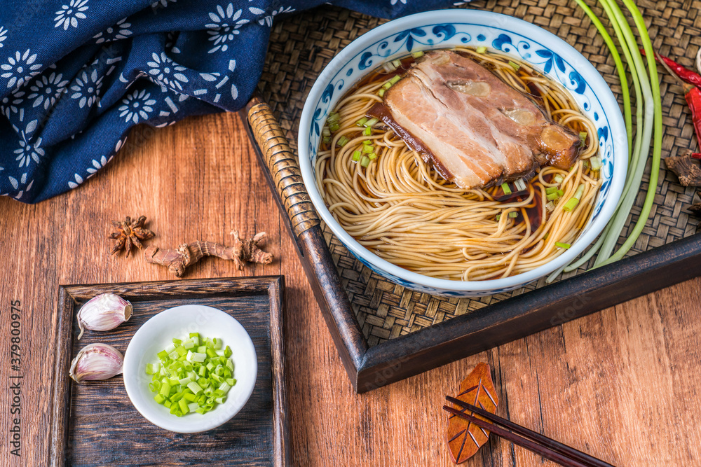 A bowl of Ouzao noodles with braised pork, a traditional snack in Suzhou, Jiangsu, China