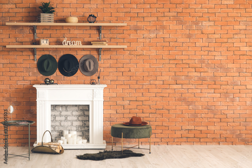 Modern fireplace with shelves in interior of room