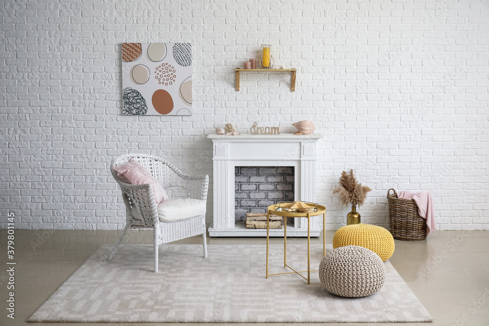 Interior of modern room with fireplace