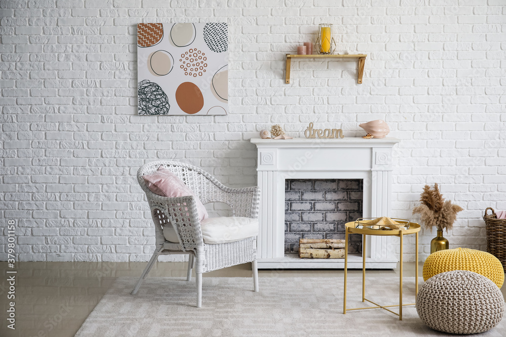 Interior of modern room with fireplace