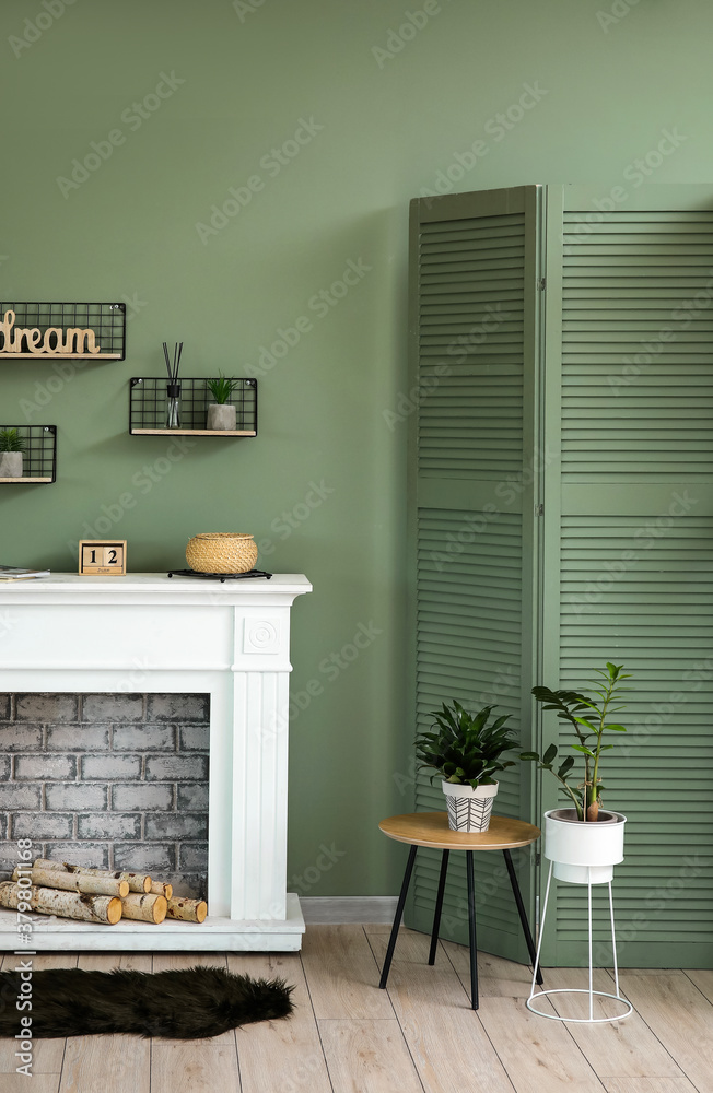 Interior of modern room with fireplace