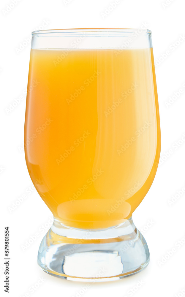 Glass of fresh peach juice on white background