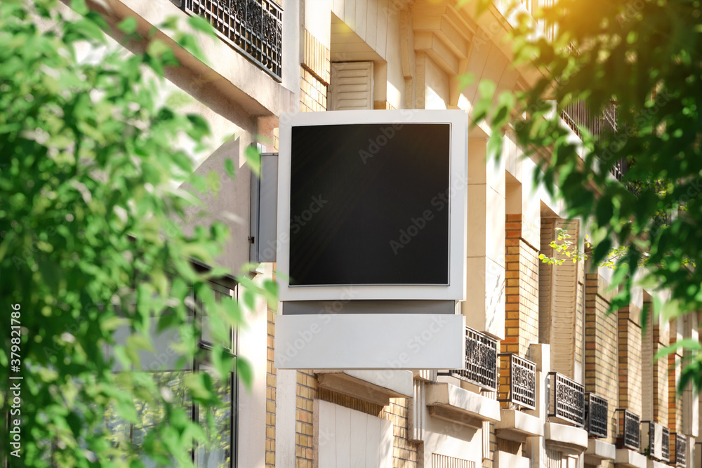 Store brand sign board mockup. Empty squared shop frontage in street