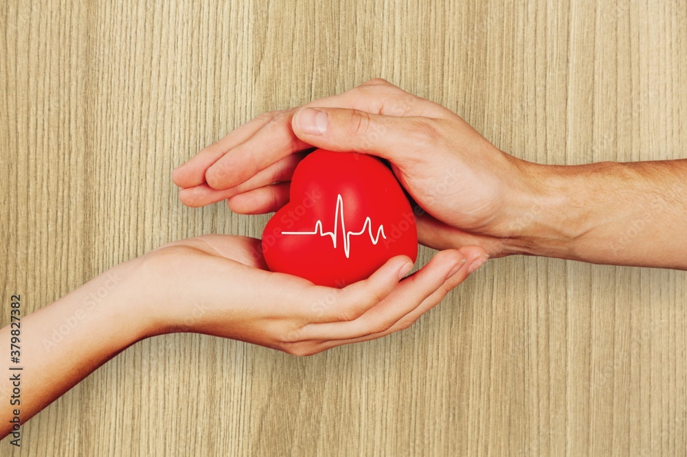 Man and woman hands holding the red heart