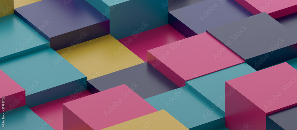 Abstract 3d render, geometric composition, multicolor background design with cubes