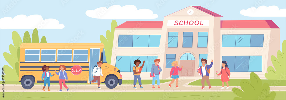 Cartoon school building, bus and cute children vector illustration