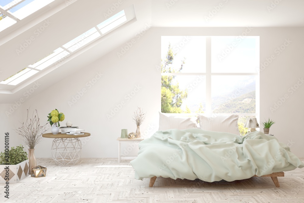 White bedroom interior. Scandinavian design. 3D illustration