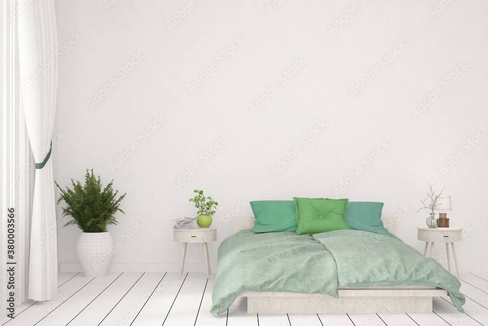 White bedroom interior. Scandinavian design. 3D illustration