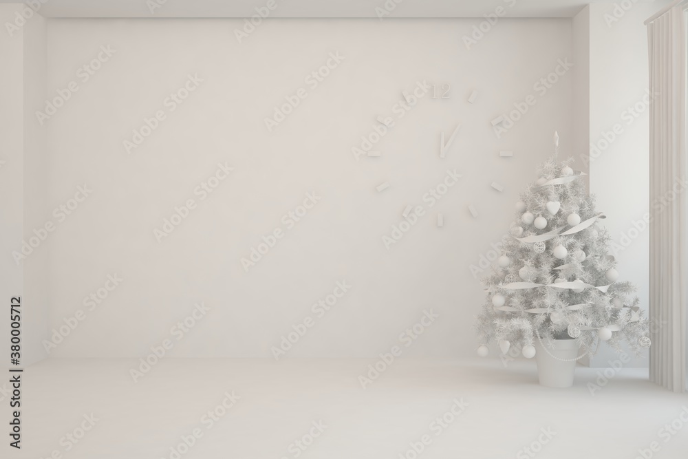 Empty christmas interior of living room in white color. Scandinavian design. 3D illustration