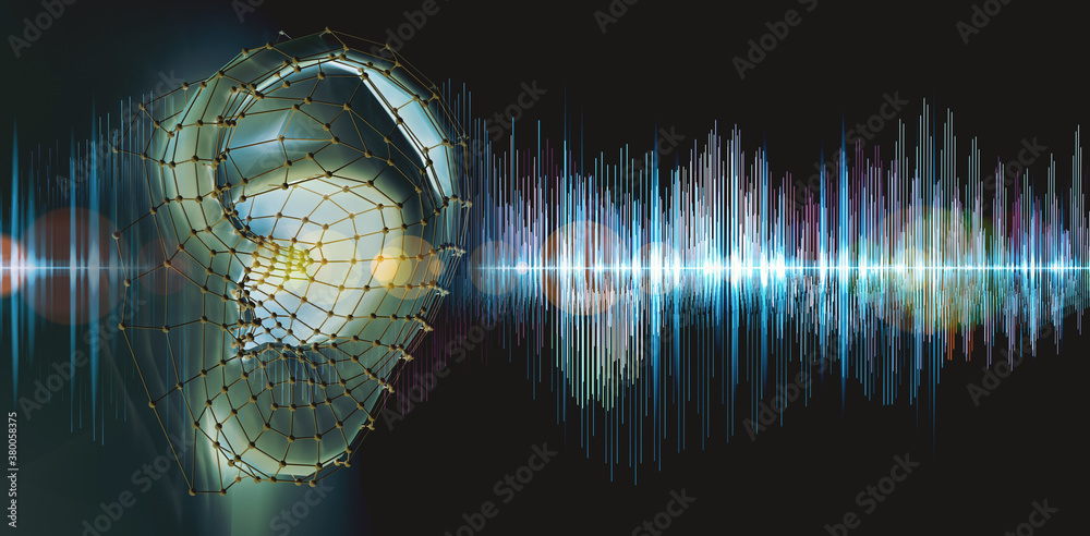 Audio and sound equalizer digital computer concept.3d illustration. Hearing test showing ear and sou