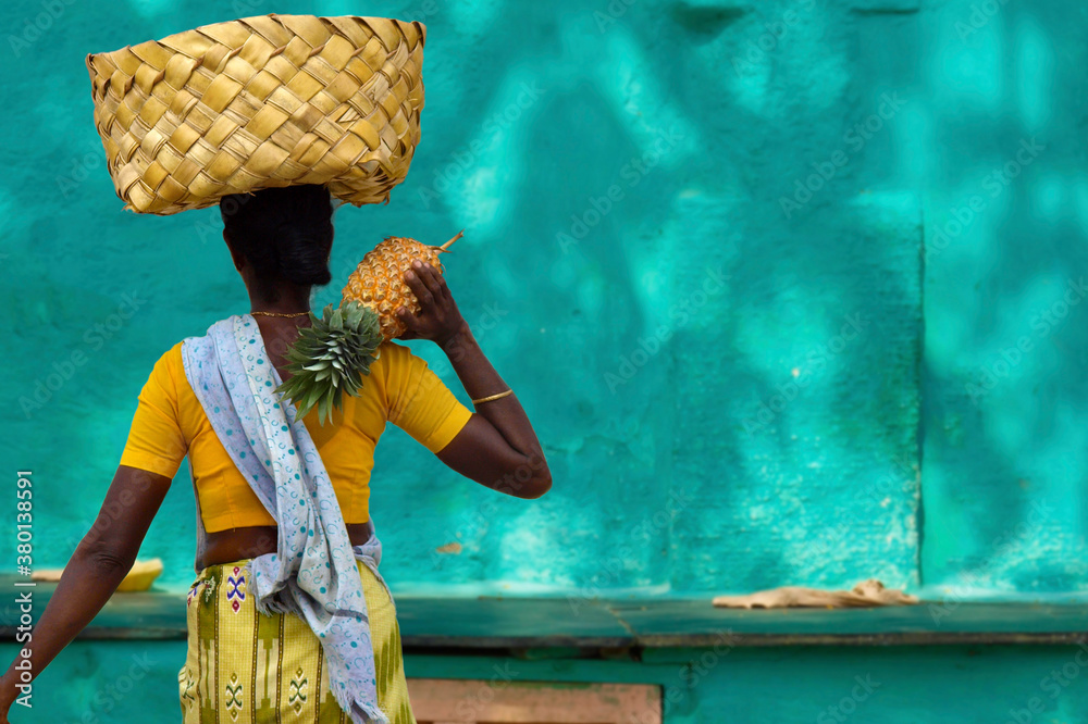 indian woman with rotin basket on her head carrying pineapple