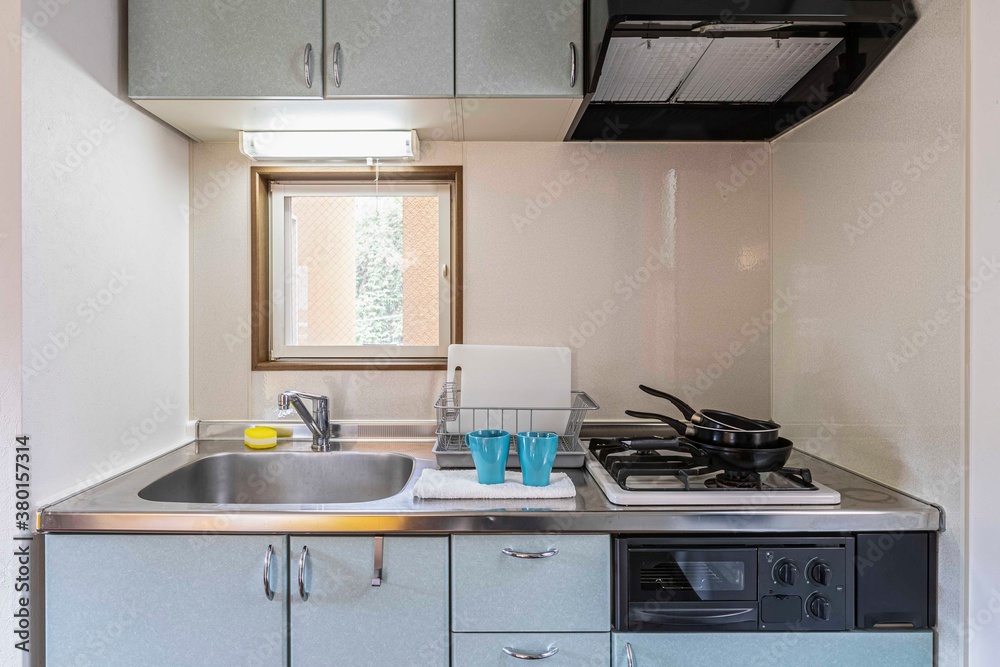 Kitchen counter with hood and kitchen utensils in the room at the apartment