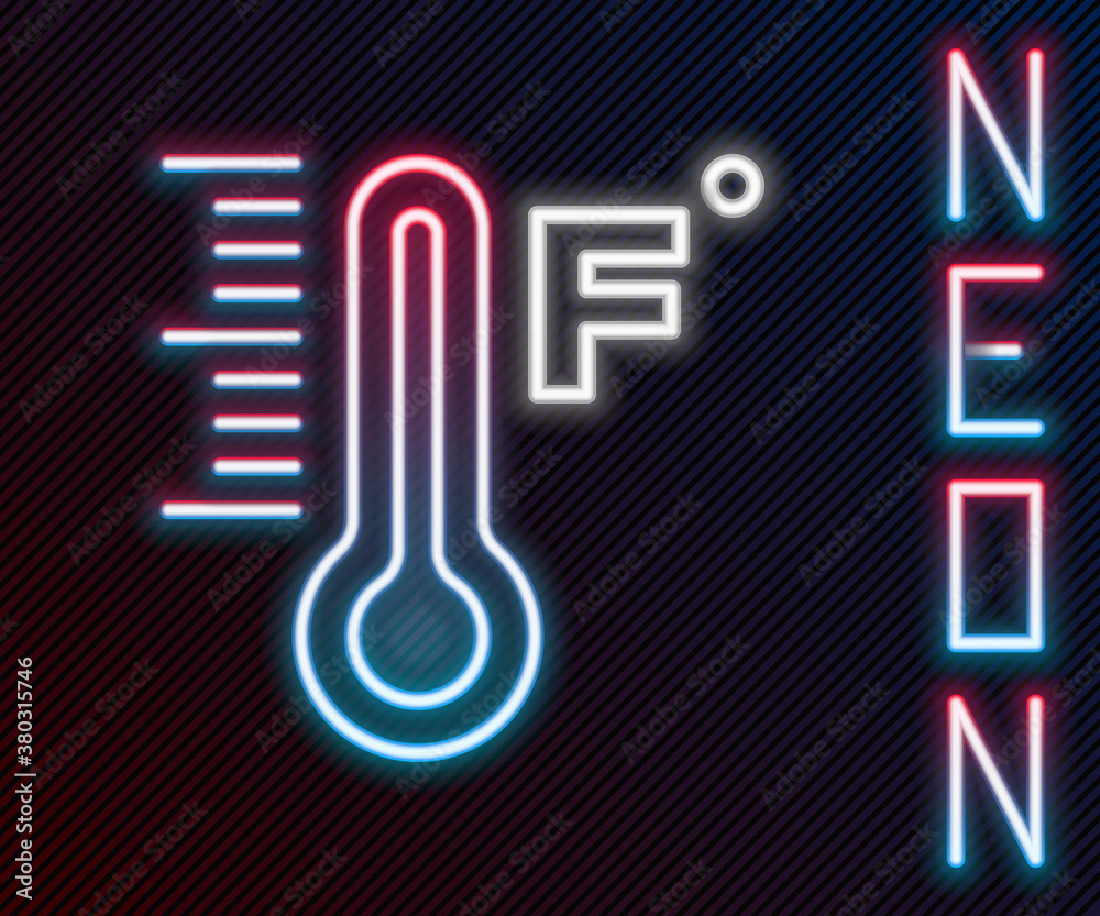 Glowing neon line Meteorology thermometer measuring heat and cold icon isolated on black background.