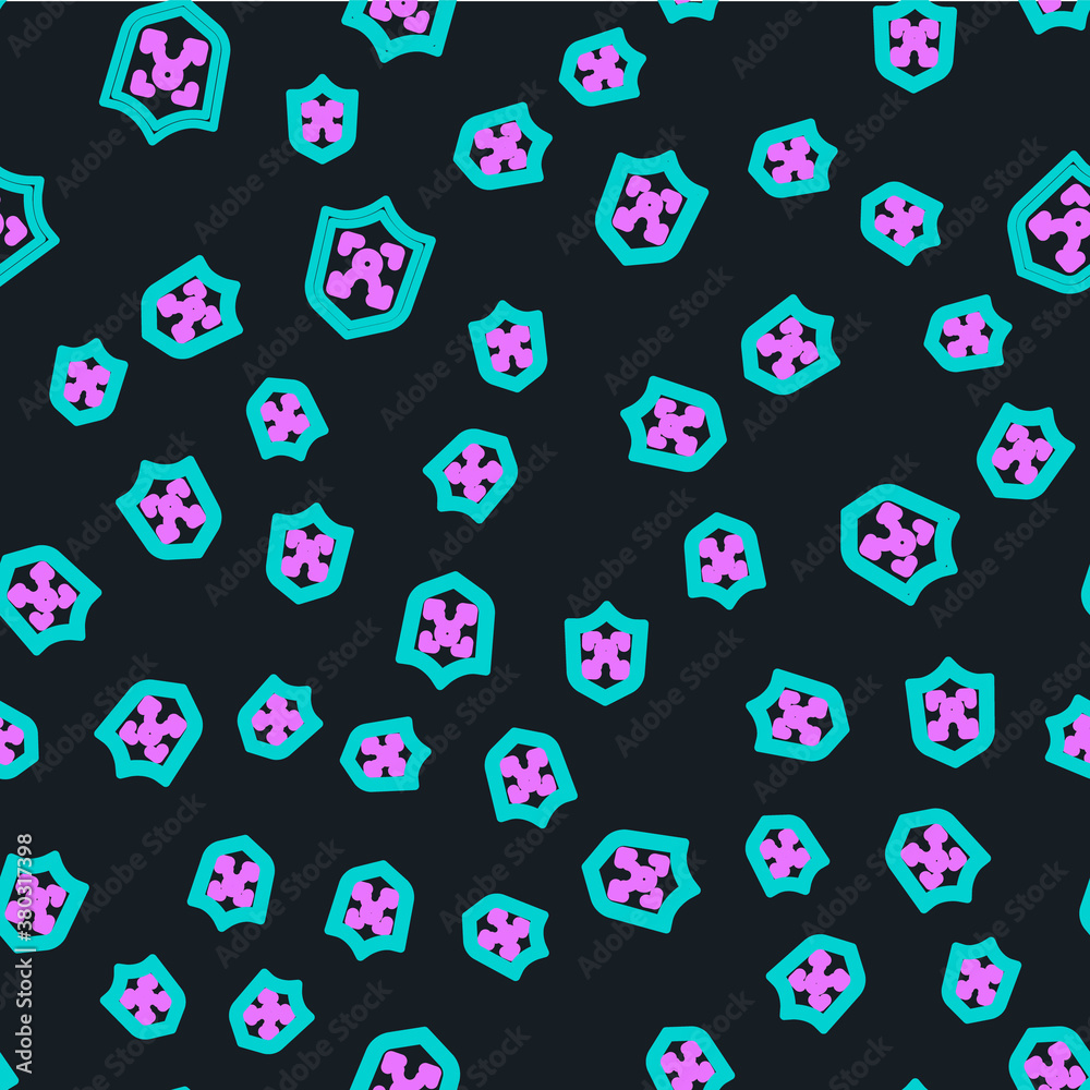 Line Shield face recognition icon isolated seamless pattern on black background. Face identification