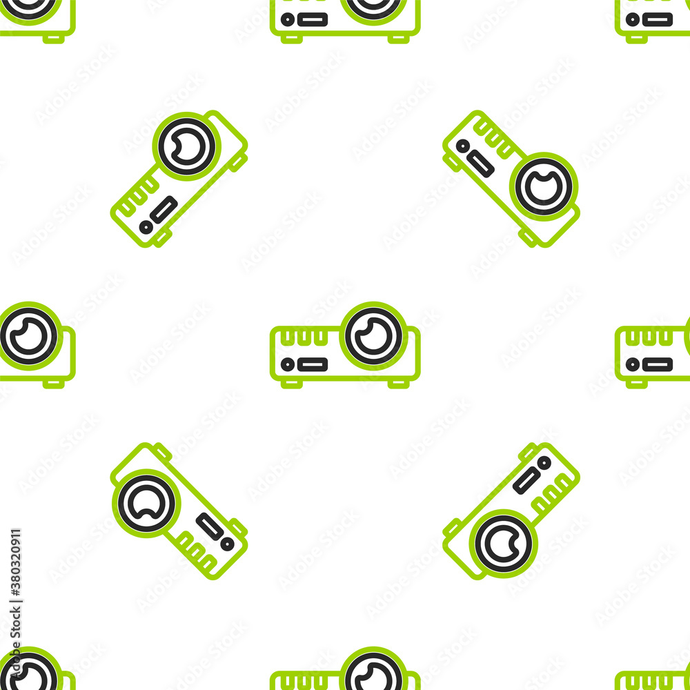 Line Presentation, movie, film, media projector icon isolated seamless pattern on white background. 