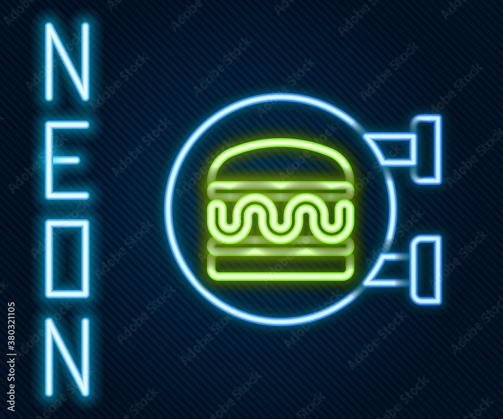 Glowing neon line Online ordering and burger delivery icon isolated on black background. Colorful ou