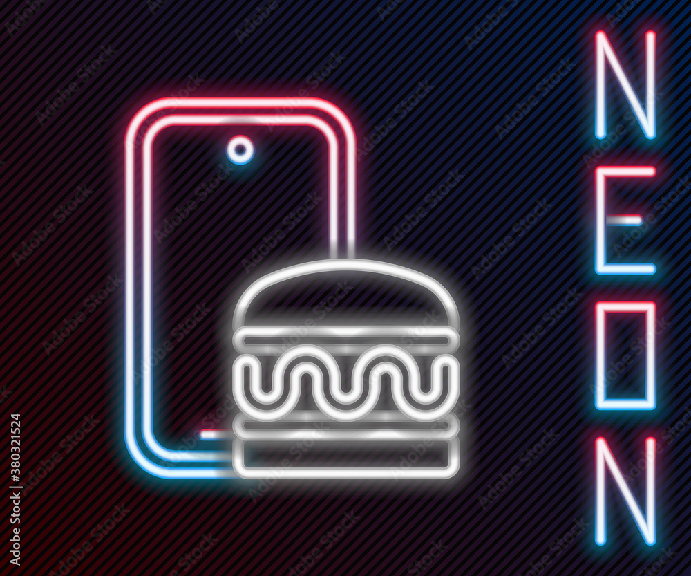 Glowing neon line Online ordering and fast food delivery icon isolated on black background. Burger s