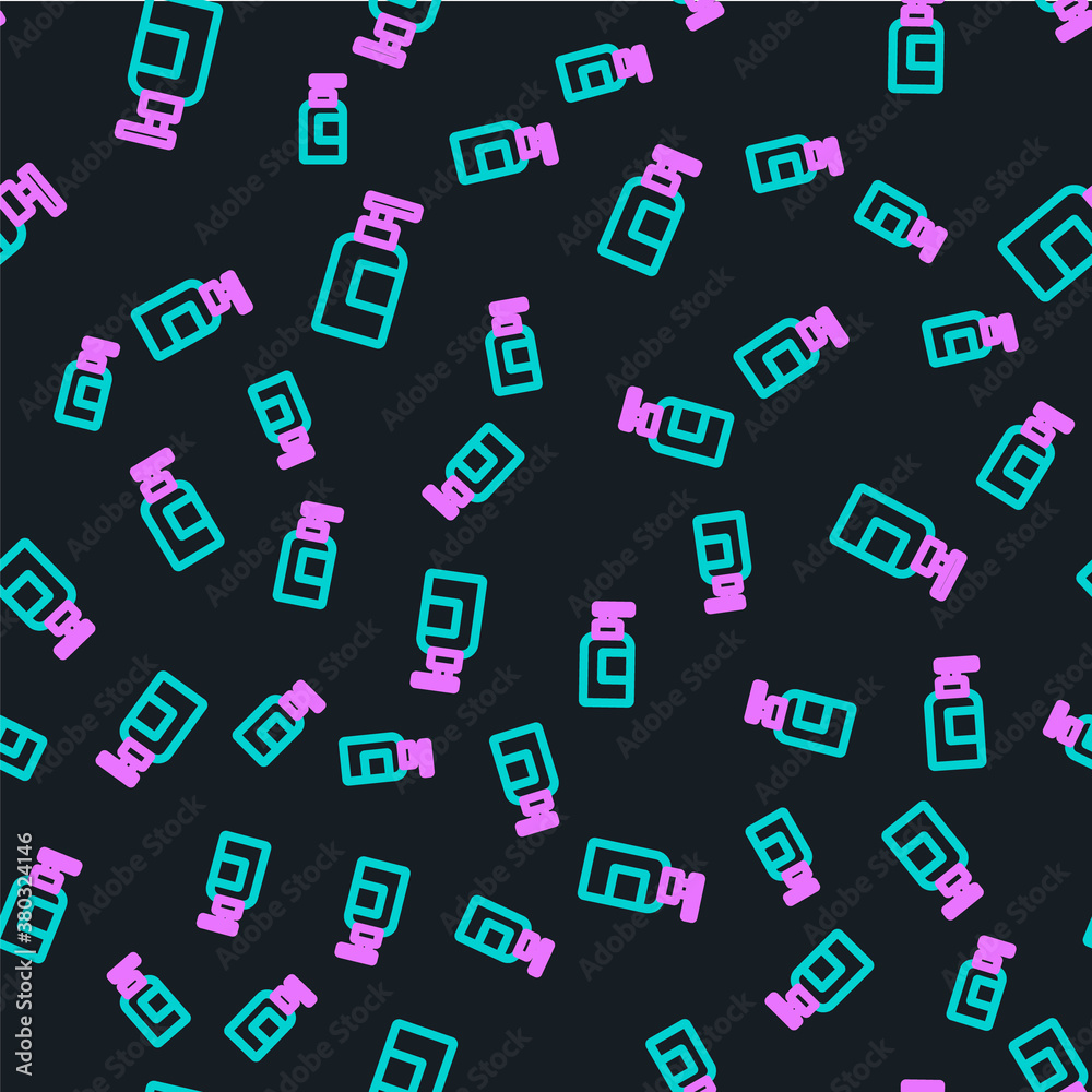 Line Bottle of shampoo icon isolated seamless pattern on black background. Vector.