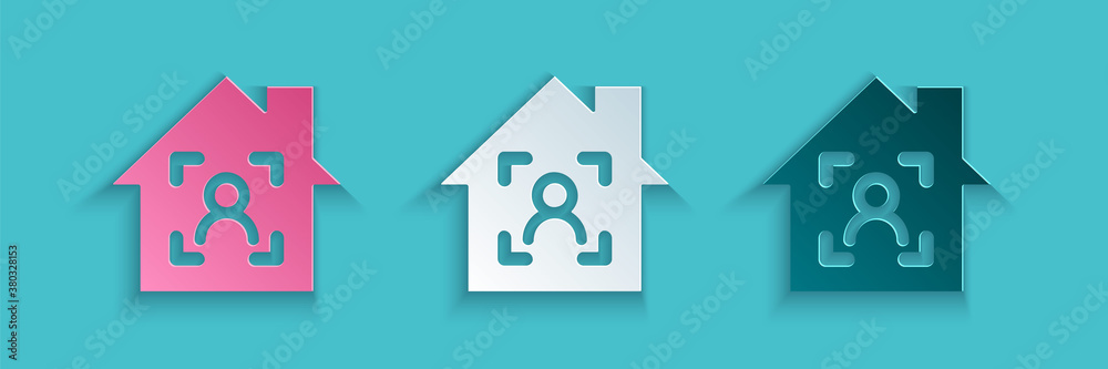 Paper cut Smart home with face recognition icon isolated on blue background. Face identification sca