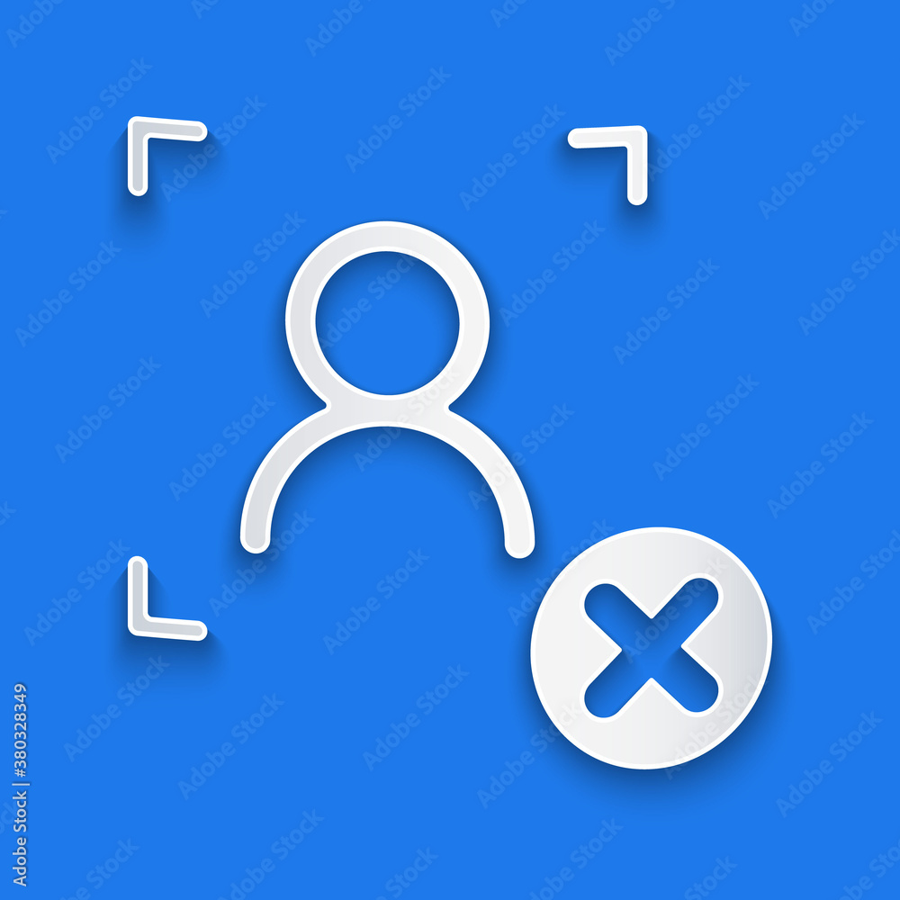 Paper cut Rejection face recognition icon isolated on blue background. Face identification scanner i