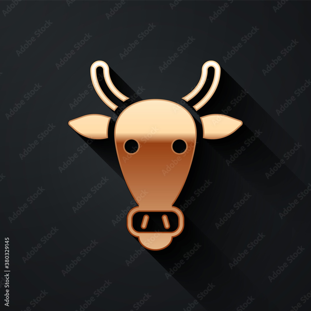 Gold Cow head icon isolated on black background. Long shadow style. Vector.