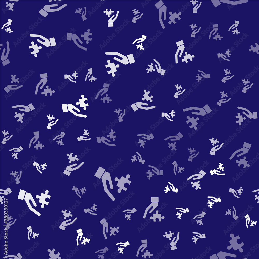 White Solution to the problem in psychology icon isolated seamless pattern on blue background. Puzzl