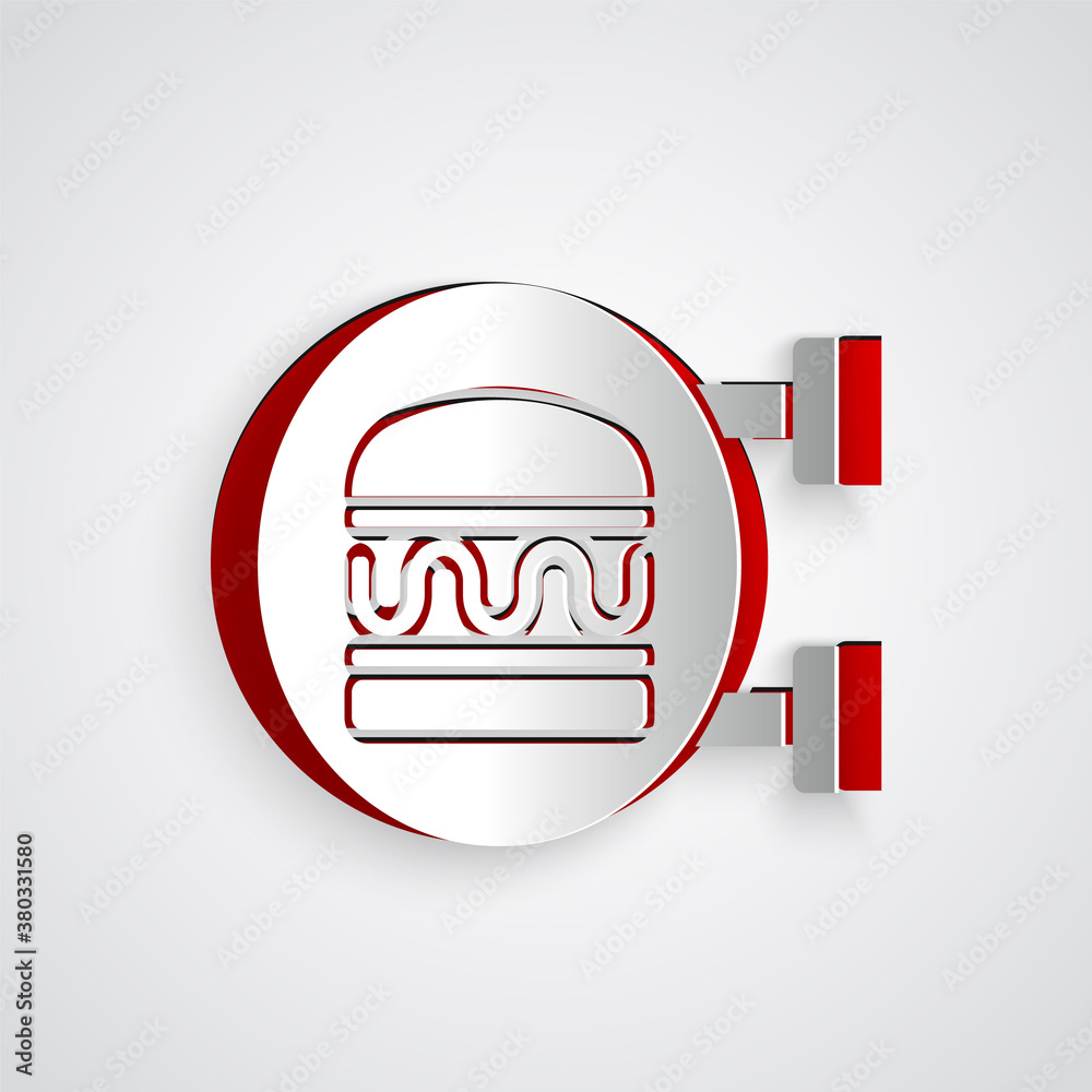 Paper cut Online ordering and burger delivery icon isolated on grey background. Paper art style. Vec