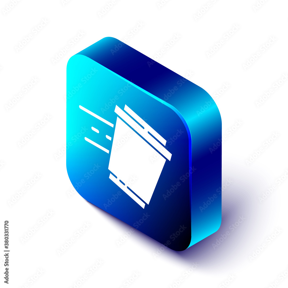 Isometric Coffee cup to go icon isolated on white background. Blue square button. Vector.