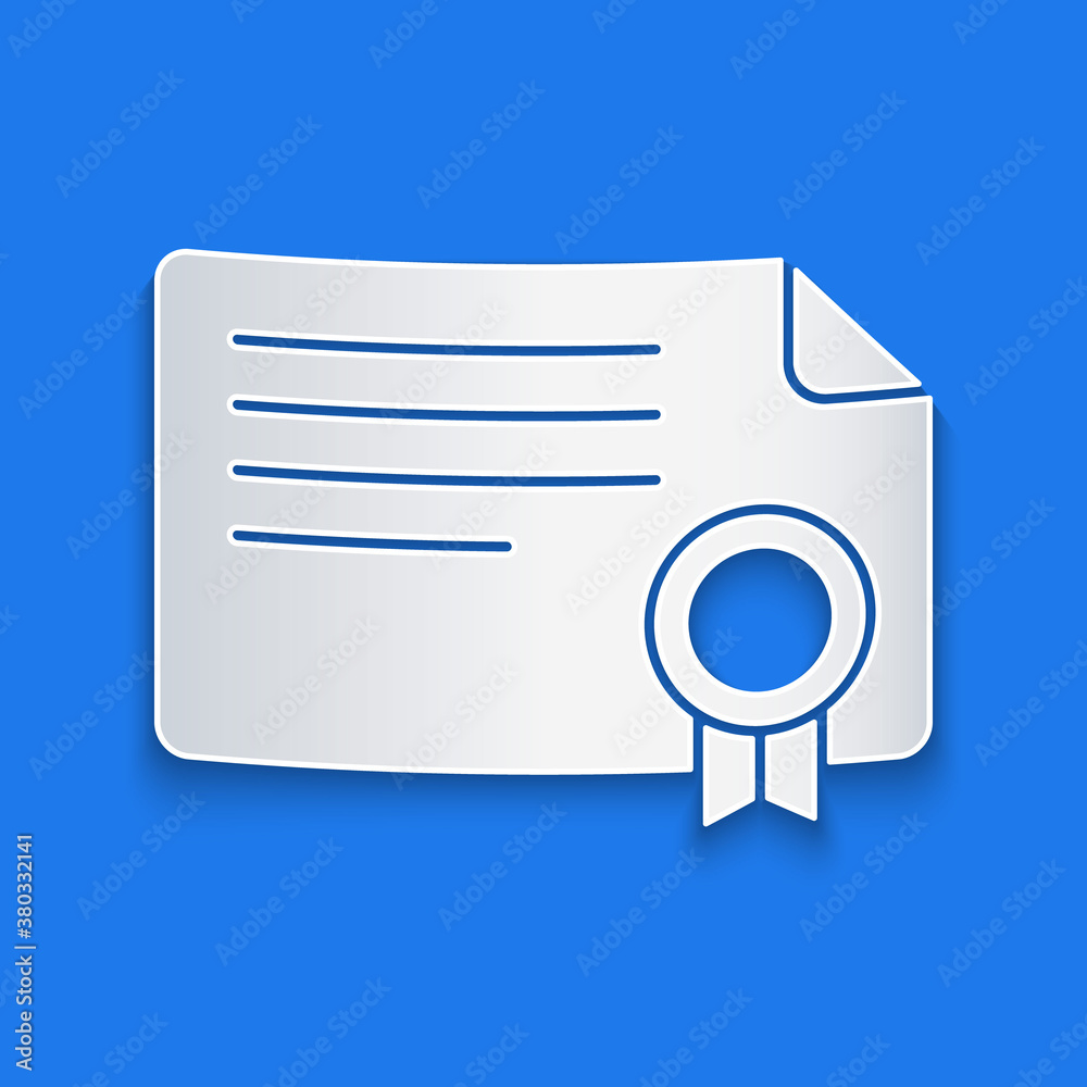 Paper cut Certificate template icon isolated on blue background. Achievement, award, degree, grant, 